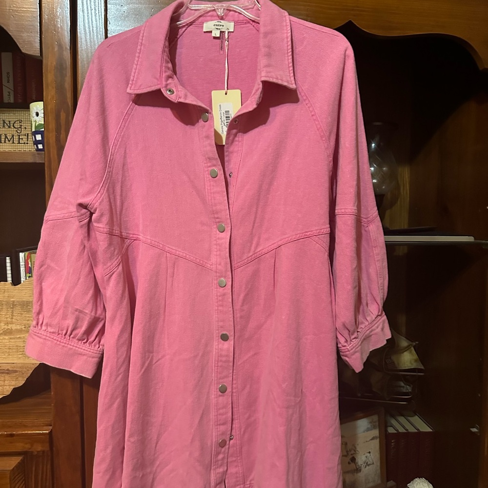 Pink denim dress large w pockets, new w tags